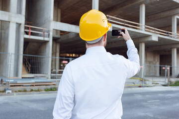 Builder Taking Photos by Phone of Cunstruction Works. Man in Hardhat. House Building