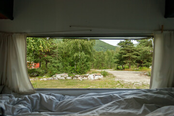 Look out of Camper in beautiful Norwegian Nature near Otta, Norway