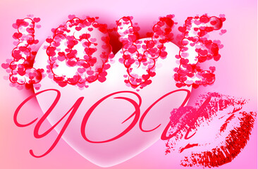 Vector Valentine's day card with lipstick kiss, lettering "Love You" and pink heart background