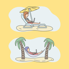 Summer Vacation, Work From Anywhere, Wireless Communication Concept. Set Of Two Isolated Girls Chilling In Hammock And Sun Lounger Using Laptops And Internet. Cartoon Flat Style Vector Illustration