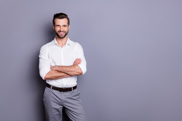 Portrait of his he nice attractive content successful cheerful cheery brunet guy executive...