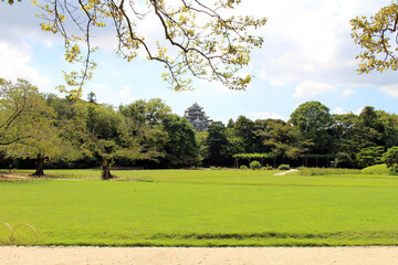 Okayama Korakuen Garden and the Castle as background