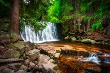 Beautiful scenery of the Wild Waterfall on the Łomnica river, Karpacz. Poland