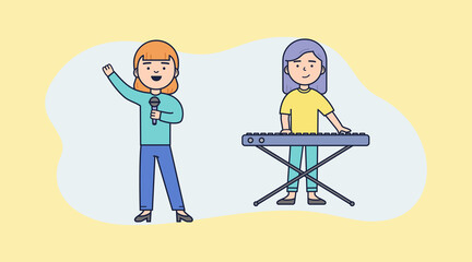 Talent Show, Singing, Corporate Evening, Discoteque Concept. Female Vocalist Singing With The Microphone. Male Musician Playing Keyboard. Cartoon Flat Style Vector Illustration On Yellow Background