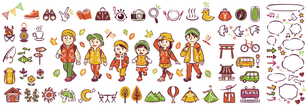 秋の紅葉狩り旅行 アウトドアレジャー 三世代家族 アイコンイラストと吹き出し セット Stock Vektorgrafik Adobe Stock