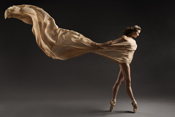 Ballerina Walking with Silk Fabric, Modern Ballet Dancer in Pointe Shoes, Fluttering Waving Cloth, Gray Background - obrazy, fototapety, plakaty