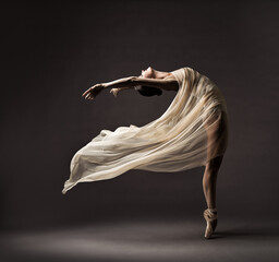 Ballerina Dancing with Silk Fabric, Modern Ballet Dancer in Fluttering Waving Cloth, Pointe Shoes,...