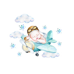 Watercolor baby boy illustration, baby in a plane illustration, beby dreaming,newborn baby boy illustration