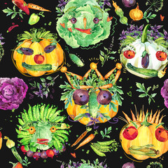 Obraz na płótnie Canvas Organic food seamless pattern. Watercolor hand drawn vegetables illustration. 