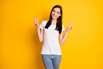 Portrait of content candid charming girl make v-sign enjoy weekend wear good look clothes isolated over vibrant color background