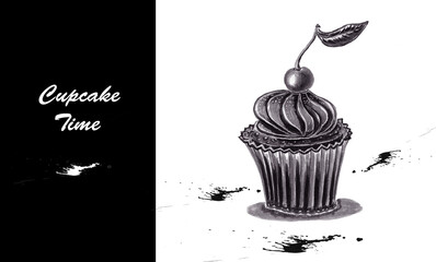 Template  with hand drawn sketch of Cupcake in monochrome black white grey colors made by water color marker  for package of visiting card or for advertising confectionery products
