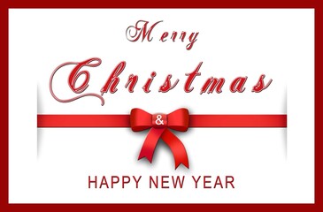 Christmas greeting card with red ribbon and bow on white background - MERRY CHRISTMAS and HAPPY NEW YEAR lettering - 3D illustration