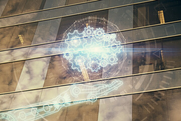 Data theme hologram drawing on city view with skyscrapers background multi exposure. Bigdata concept.