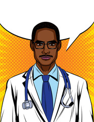 Color vector illustration in pop art style. Black male doctor with a stethoscope around his neck. Portrait of an African American doctor in a white uniform. Clinic promotion poster