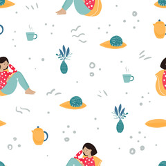 Vector seamless pattern with an asian girl in a bright clothing sitting with her back on her yellow pillow and reading a book. A sleeping cat and a bowl with flowers and a cup on the background.