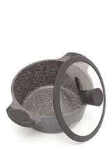 Black casserole with a lid on a white background.