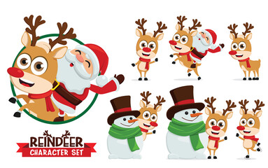 Reindeer vector characters set. Reindeers character like santa ride, skating, and playing with snowman pose and gestures isolated for christmas cartoon collection design. Vector illustration