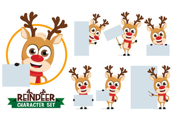 Obraz premium Reindeer characters vector set. Reindeers character in different pose and gesture holding empty white board for xmas presentation and greeting banner card. Vector illustration