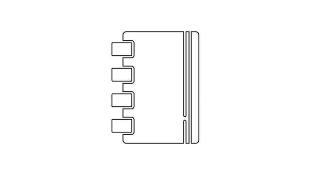 Black line Notebook icon isolated on white background. Spiral notepad icon. School notebook. Writing pad. Diary for school. 4K Video motion graphic animation.