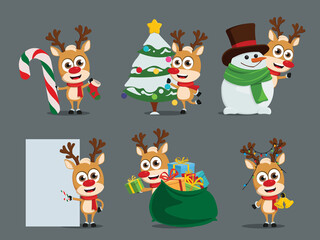 Reindeers character vector  set. Reindeer characters in different christmas activity pose and gestures like xmas tree decorating and gift giving for holiday season design. Vector illustration  