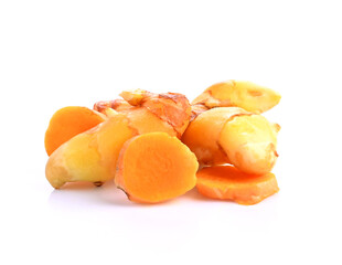 Turmeric (Curcuma longa Linn) rhizome (root) sliced  isolated on white background.