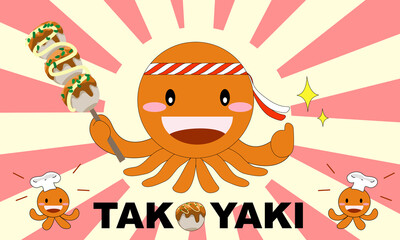 Octopus balls or Takoyaki logo and cute octopus holding a Takoyaki, vector illustration