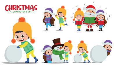 Christmas vector character set. Christmas kid characters in playing snow, skating and caroling with santa claus for xmas winter holiday season design. Vector illustration