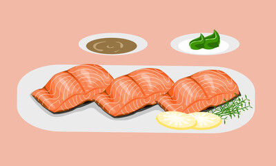 a plate of fresh salmon slide with wasabi and soy souce vector illustration cute anime