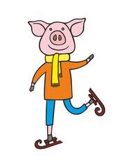Funny cartoon, cute pig. Friendly pig character.