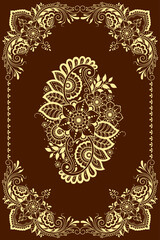 Stylized with henna tattoo decorative pattern for decorating covers book, notebook, casket, postcard and folder. Flower and border in mehndi style. Frame in the eastern tradition.