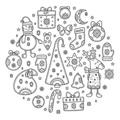 Christmas and New year greetings. Round decorative pattern made of holiday symbols. Snowman, gift, Christmas tree, deer, mitten, ball, stocking, bell, snowflake and other signs. Coloring book page.