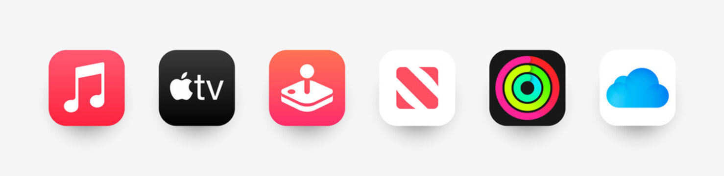 MOSCOW, RUSSIA - SEPTEMBER 17, 2020. Apple One subscription. Six Apple services in one subscription: Apple Music, Apple TV+, Apple Arcade, iCloud, Apple News, Apple Fitness. Vector illustration EPS10