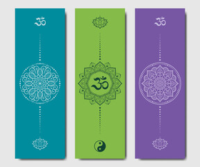 Set of design yoga mats. Lotus floral pattern, OM and Yin-yang in oriental style for decoration sport equipment. Colorful ethnic Indian ornaments for spiritual serenity. Decor of card, poster, print.