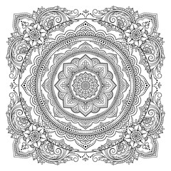 Circular pattern in form of mandala with flower for Henna, Mehndi, tattoo, decoration. Decorative ornament in ethnic oriental style. Outline doodle hand draw vector illustration.