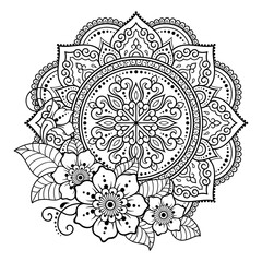 Circular pattern in form of mandala with flower for Henna, Mehndi, tattoo, decoration. Decorative ornament in ethnic oriental style. Outline doodle hand draw vector illustration.