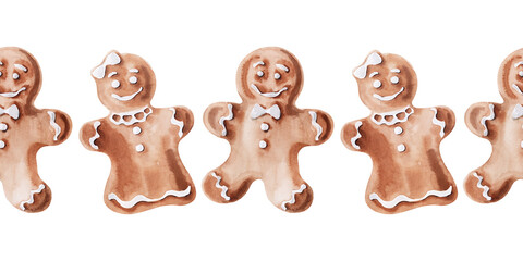 Fototapeta premium Watercolor set of borders with gingerbread. Gingerbread figures and men