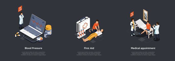 Medicine And Healthcare Concept. Doctor Measures Human Pressure, Volunteer Gives Basic First Aid. Medical Check Up, Passing Medical Appointment, Visit Your Doctor. 3d Isometric Vector Illustration Set