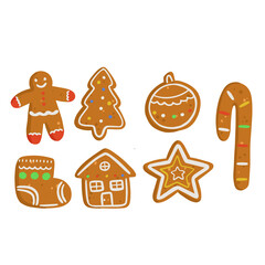 Set Christmas gingerbread with glaze: ginger man, ginger house, sock, ginger stick, star, Christmas tree, new year's ball on light background. Vector illustration.
