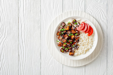 Japanese teriyaki baked tofu, flat lay, copy space