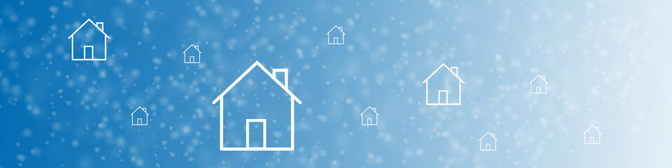 Fototapeta premium Großes Banner oder Hintergrund mit Einfamilienhaus Symbolen und umherfliegenden Partikeln