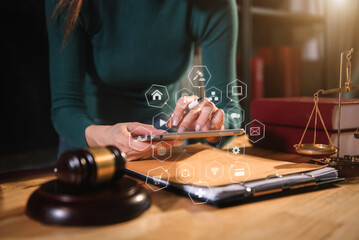Justice and law concept.Lawyer workplace with laptop and documents.