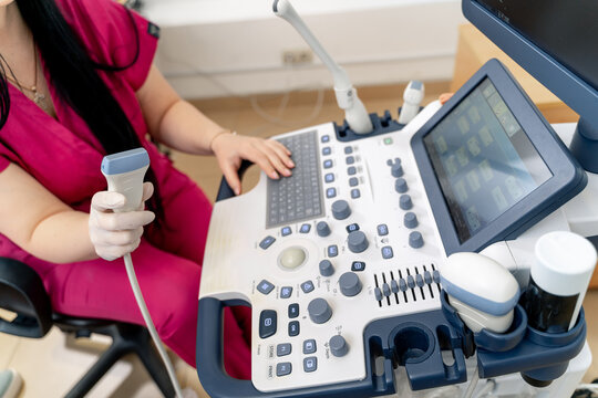 Ultrasound machine, ultrasonography. Medical equipment, healthcare concept. Selective focus
