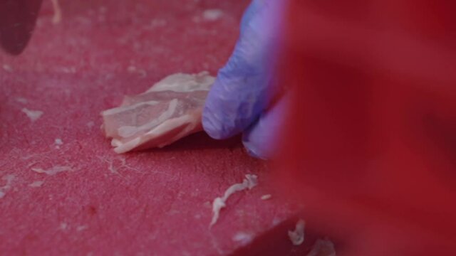 Closeup shot of Workers hands cutting and cleaning chicken pieces.Food and meat processing industry.Cleaning and cutting meat pieces for frozen meat.
