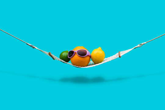 Group of citrus fruits relaxing on hammock. Lime, orange with sunglasses and lemon like a family on summer vacation. 