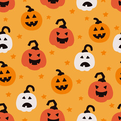 Halloween seamless pattern with colorful emotional pumpkins and stars