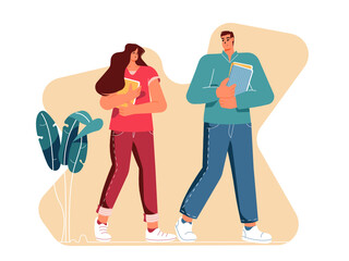 Student couple walking outdoors holding books. Trendy modern characters illustration. Vector.