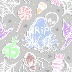 Fototapeten Vector illustration, Halloween,grave, spider web, spider, candy, witch hat. Handmade,seamless pattern,light background © HikaruD88