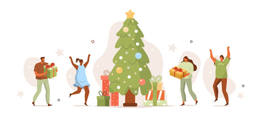 People Celebrating Winter Holidays. Female and Male Characters Decorating Christmas Tree and Preparing Gift Boxes. Merry Christmas and Happy New Year Concept. Flat Cartoon Vector Illustration.