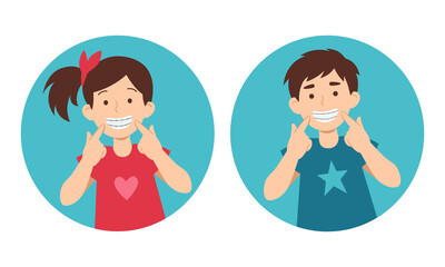 Vector illustration of girl and boy kids with teeth braces. Hand-drawn flat art for tooth care design. Motivational poster or advert banner for children dental clinic. 