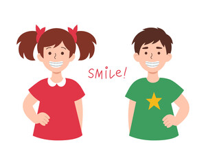 Cartoon vector illustration of girl and boy smiling with teeth braces. Children's dental clinic, tooth care concept. Isolated hand-drawn characters for poster, advert, web banner or print.